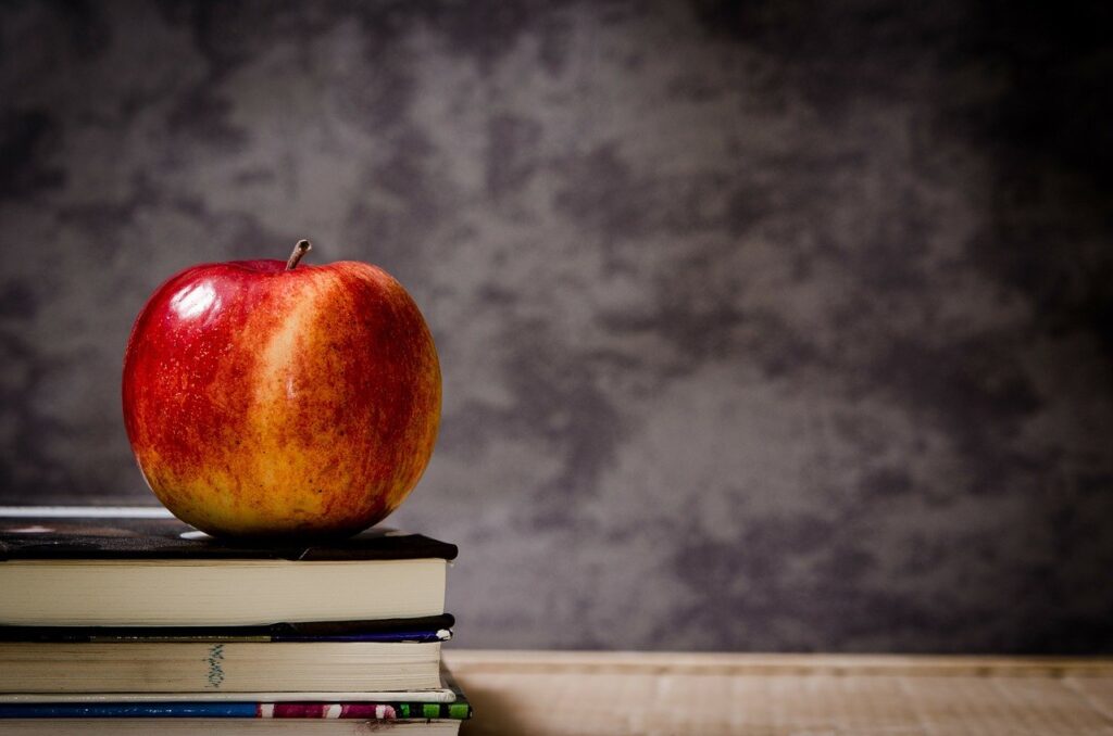 apple, books, classroom